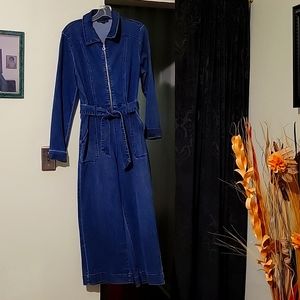 INC denim belted jumpsuit capri length with a wide leg.